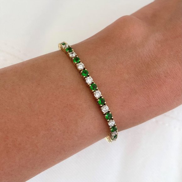 Ross Simons sterling silver 925 gold vermeil tennis link emerald CZ bracelet - Picture 6 of 11